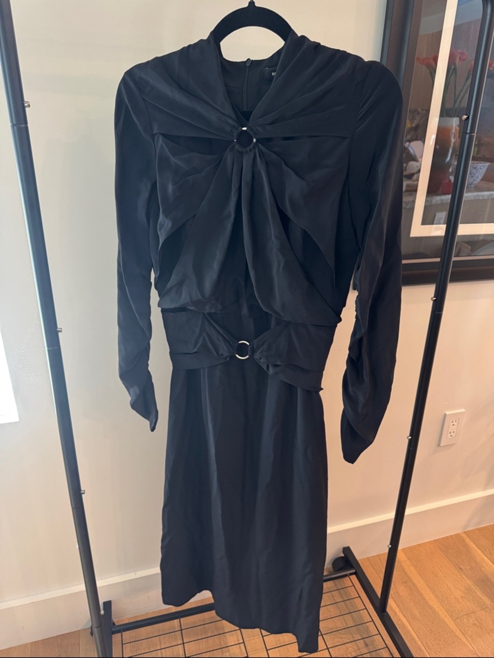 Rachel Comey Black Silk Long-Sleeve Draped Midi Dress with Ring Accents